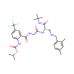 Cc1ccc(CNC[C@H](NC(=O)CNC(=O)c2cc(C(F)(F)F)ccc2NC(=O)OC(C)C)C(=O)NC(C)(C)C)c(C)c1 ZINC000028952449