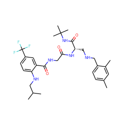 Cc1ccc(CNC[C@H](NC(=O)CNC(=O)c2cc(C(F)(F)F)ccc2NCC(C)C)C(=O)NC(C)(C)C)c(C)c1 ZINC000028952447