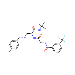 Cc1ccc(CNC[C@H](NC(=O)CNC(=O)c2cccc(C(F)(F)F)c2)C(=O)NC(C)(C)C)cc1 ZINC000028952386