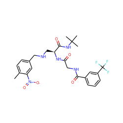 Cc1ccc(CNC[C@H](NC(=O)CNC(=O)c2cccc(C(F)(F)F)c2)C(=O)NC(C)(C)C)cc1[N+](=O)[O-] ZINC000028952418