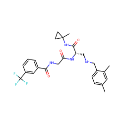 Cc1ccc(CNC[C@H](NC(=O)CNC(=O)c2cccc(C(F)(F)F)c2)C(=O)NC2(C)CC2)c(C)c1 ZINC000028952361