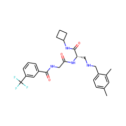 Cc1ccc(CNC[C@H](NC(=O)CNC(=O)c2cccc(C(F)(F)F)c2)C(=O)NC2CCC2)c(C)c1 ZINC000028952365