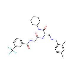 Cc1ccc(CNC[C@H](NC(=O)CNC(=O)c2cccc(C(F)(F)F)c2)C(=O)NC2CCCCC2)c(C)c1 ZINC000028952370