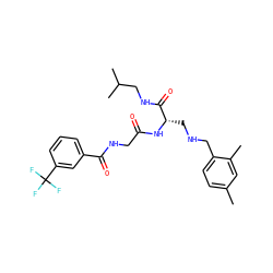 Cc1ccc(CNC[C@H](NC(=O)CNC(=O)c2cccc(C(F)(F)F)c2)C(=O)NCC(C)C)c(C)c1 ZINC000028952355