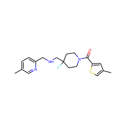 Cc1ccc(CNCC2(F)CCN(C(=O)c3cc(C)cs3)CC2)nc1 ZINC000064549190