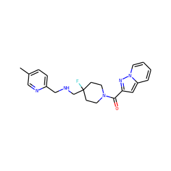 Cc1ccc(CNCC2(F)CCN(C(=O)c3cc4ccccn4n3)CC2)nc1 ZINC000064539648