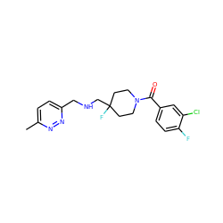 Cc1ccc(CNCC2(F)CCN(C(=O)c3ccc(F)c(Cl)c3)CC2)nn1 ZINC000052988023