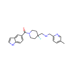 Cc1ccc(CNCC2(F)CCN(C(=O)c3ccc4[nH]ccc4c3)CC2)nc1 ZINC000064528391