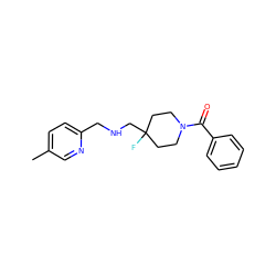 Cc1ccc(CNCC2(F)CCN(C(=O)c3ccccc3)CC2)nc1 ZINC000064526915