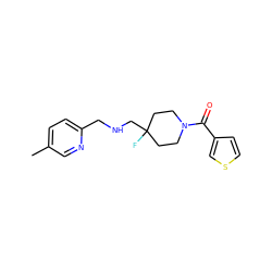 Cc1ccc(CNCC2(F)CCN(C(=O)c3ccsc3)CC2)nc1 ZINC000043204882