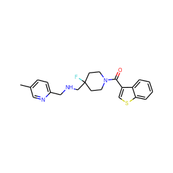 Cc1ccc(CNCC2(F)CCN(C(=O)c3csc4ccccc34)CC2)nc1 ZINC000064549510