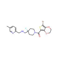 Cc1ccc(CNCC2(F)CCN(C(=O)c3sc(Br)c4c3OCCO4)CC2)nc1 ZINC000064539903