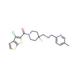 Cc1ccc(CNCC2(F)CCN(C(=O)c3sc4sccc4c3Cl)CC2)nc1 ZINC000064549380