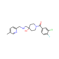 Cc1ccc(CNCC2(O)CCN(C(=O)c3ccc(F)c(Cl)c3)CC2)nc1 ZINC000064549288