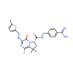 Cc1ccc(CNc2nc(Cl)c3n(c2=O)[C@H](C(=O)NCc2ccc(C(=N)N)cc2)CC3(C)C)o1 ZINC000038431822