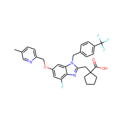 Cc1ccc(COc2cc(F)c3nc(CC4(C(=O)O)CCCC4)n(Cc4ccc(C(F)(F)F)cc4)c3c2)nc1 ZINC000221604678