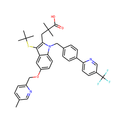 Cc1ccc(COc2ccc3c(c2)c(SC(C)(C)C)c(CC(C)(C)C(=O)O)n3Cc2ccc(-c3ccc(C(F)(F)F)cn3)cc2)nc1 ZINC000082138072