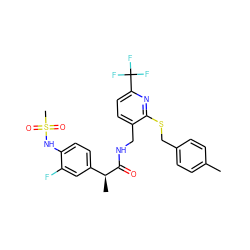 Cc1ccc(CSc2nc(C(F)(F)F)ccc2CNC(=O)[C@@H](C)c2ccc(NS(C)(=O)=O)c(F)c2)cc1 ZINC000096286066