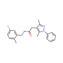 Cc1ccc(Cl)cc1CNC(=O)Cc1c(C)nn(-c2ccccc2)c1C ZINC000095565897