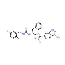 Cc1ccc(Cl)cc1CNC(=O)N[C@@H](Cc1ccccc1)c1nc(-c2ccc3c(N)n[nH]c3c2)c(Cl)[nH]1 ZINC000115471376