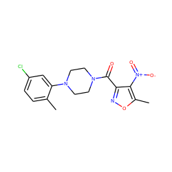 Cc1ccc(Cl)cc1N1CCN(C(=O)c2noc(C)c2[N+](=O)[O-])CC1 ZINC000004884878