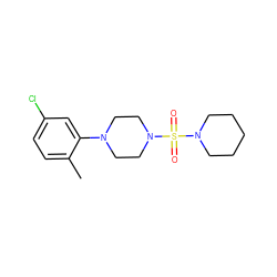 Cc1ccc(Cl)cc1N1CCN(S(=O)(=O)N2CCCCC2)CC1 ZINC000000644432