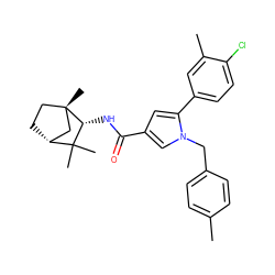 Cc1ccc(Cn2cc(C(=O)N[C@@H]3C(C)(C)[C@@H]4CC[C@@]3(C)C4)cc2-c2ccc(Cl)c(C)c2)cc1 ZINC000096915012