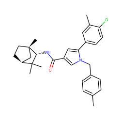 Cc1ccc(Cn2cc(C(=O)N[C@@H]3C(C)(C)[C@H]4CC[C@@]3(C)C4)cc2-c2ccc(Cl)c(C)c2)cc1 ZINC000473137699