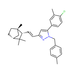 Cc1ccc(Cn2nc(/C=C/[C@@H]3C(C)(C)[C@@H]4CC[C@@]3(C)C4)cc2-c2ccc(Cl)c(C)c2)cc1 ZINC000096915011