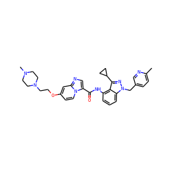 Cc1ccc(Cn2nc(C3CC3)c3c(NC(=O)c4cnc5cc(OCCN6CCN(C)CC6)ccn45)cccc32)cn1 ZINC000117895974