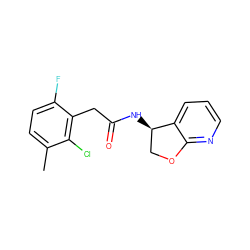 Cc1ccc(F)c(CC(=O)N[C@@H]2COc3ncccc32)c1Cl ZINC000146559235