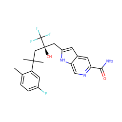 Cc1ccc(F)cc1C(C)(C)C[C@@](O)(Cc1cc2cc(C(N)=O)ncc2[nH]1)C(F)(F)F ZINC000299839914