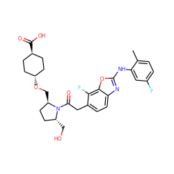 Cc1ccc(F)cc1Nc1nc2ccc(CC(=O)N3[C@H](CO)CC[C@H]3CO[C@H]3CC[C@H](C(=O)O)CC3)c(F)c2o1 ZINC000261096479