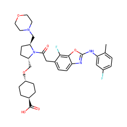 Cc1ccc(F)cc1Nc1nc2ccc(CC(=O)N3[C@H](CO[C@H]4CC[C@H](C(=O)O)CC4)CC[C@H]3CN3CCOCC3)c(F)c2o1 ZINC000261164765