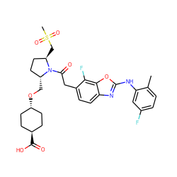 Cc1ccc(F)cc1Nc1nc2ccc(CC(=O)N3[C@H](CO[C@H]4CC[C@H](C(=O)O)CC4)CC[C@H]3CS(C)(=O)=O)c(F)c2o1 ZINC000261092689