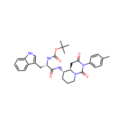 Cc1ccc(N2C(=O)C[C@@H]3[C@@H](NC(=O)[C@H](Cc4c[nH]c5ccccc45)NC(=O)OC(C)(C)C)CCCN3C2=O)cc1 ZINC000026290222