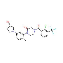 Cc1ccc(N2CC[C@H](O)C2)cc1N1CCN(C(=O)c2cccc(C(F)(F)F)c2Cl)CC1=O ZINC000059298816