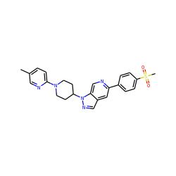 Cc1ccc(N2CCC(n3ncc4cc(-c5ccc(S(C)(=O)=O)cc5)ncc43)CC2)nc1 ZINC000653861173