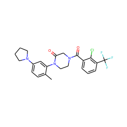 Cc1ccc(N2CCCC2)cc1N1CCN(C(=O)c2cccc(C(F)(F)F)c2Cl)CC1=O ZINC000059288560