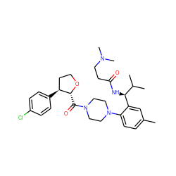 Cc1ccc(N2CCN(C(=O)[C@H]3OCC[C@@H]3c3ccc(Cl)cc3)CC2)c([C@@H](NC(=O)CCN(C)C)C(C)C)c1 ZINC000029039411