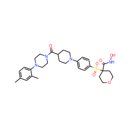 Cc1ccc(N2CCN(C(=O)C3CCN(c4ccc(S(=O)(=O)C5(C(=O)NO)CCOCC5)cc4)CC3)CC2)c(C)c1 ZINC000049777039