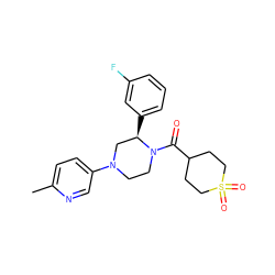 Cc1ccc(N2CCN(C(=O)C3CCS(=O)(=O)CC3)[C@H](c3cccc(F)c3)C2)cn1 ZINC001772586501