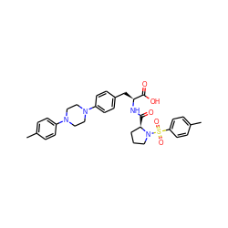 Cc1ccc(N2CCN(c3ccc(C[C@H](NC(=O)[C@@H]4CCCN4S(=O)(=O)c4ccc(C)cc4)C(=O)O)cc3)CC2)cc1 ZINC000028978628