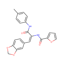 Cc1ccc(NC(=O)/C(=C\c2ccc3c(c2)OCO3)NC(=O)c2ccco2)cc1 ZINC000004673339