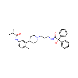 Cc1ccc(NC(=O)C(C)C)cc1C1CCN(CCCNC(=O)C(O)(c2ccccc2)c2ccccc2)CC1 ZINC000028710181