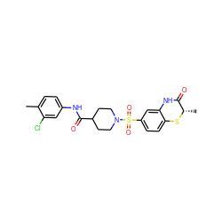 Cc1ccc(NC(=O)C2CCN(S(=O)(=O)c3ccc4c(c3)NC(=O)[C@H](C)S4)CC2)cc1Cl ZINC000009265941