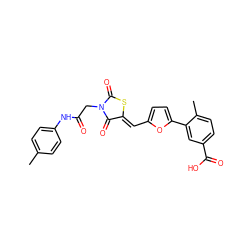 Cc1ccc(NC(=O)CN2C(=O)S/C(=C\c3ccc(-c4cc(C(=O)O)ccc4C)o3)C2=O)cc1 ZINC000002783292