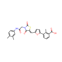 Cc1ccc(NC(=O)CN2C(=O)S/C(=C\c3ccc(-c4cccc(C(=O)O)c4C)o3)C2=O)cc1C ZINC000002169920