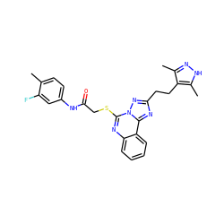 Cc1ccc(NC(=O)CSc2nc3ccccc3c3nc(CCc4c(C)n[nH]c4C)nn23)cc1F ZINC000002969687