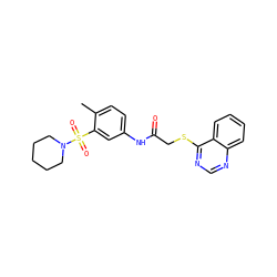 Cc1ccc(NC(=O)CSc2ncnc3ccccc23)cc1S(=O)(=O)N1CCCCC1 ZINC000005941904